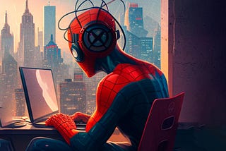 Spiderman with headphones using a computer while sitting next to a window with New York city in the background.
