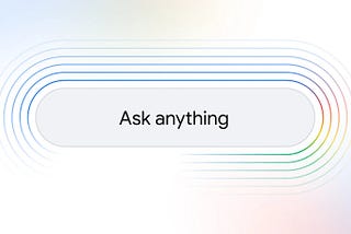 Gradient rainbow ripple button with “Ask anything” text on soft white background, glowing blue-to-red concentric rings.