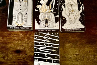 The High Priestess, Queen of Swords, Eight of Wands and King of Swords from the Symbolic Soul Tarot