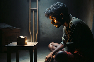 A young Tamil man sitting on the floor, staring intently at a box on a small table before him. There is a single crutch leaning against the wall next to him.