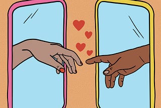 Illustration of two phones. A hand is coming out of each phone reaching for the other hand. There are hearts floating above their fingers.