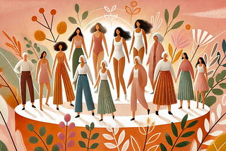 A group of women on a pedastal with leaves and flowers