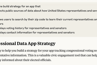 Screenshot of prompt to Claude, asking for help to build a strategy for a civic engagement app