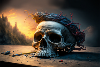 A skull with a wreath on its head sits on a dirty table, a barren land in the background