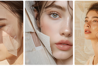 a minimalist design with a neutral background, multiple sections with thin borders, soft color palettes and textures like velvet, silk, and glitter, Geometric shapes and thin lines structure the space, beautiful close up shot of a woman’s face, AI generated image, created with Midjourney.