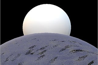 Giant sun rising above the horizon of a gray planet.