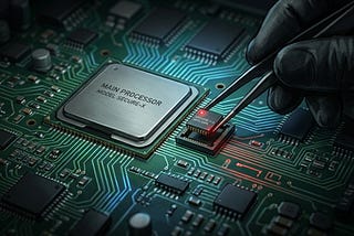 Cover image. A close-up illustration of a small rogue chip soldered onto a circuit board among legitimate components.