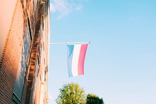 Trans flag (light blue, white pink thick stripes) hanging from a brick building, blue sky in the background, treetops closer to the ground.