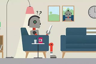Illustration of Robot sitting in living room and reading