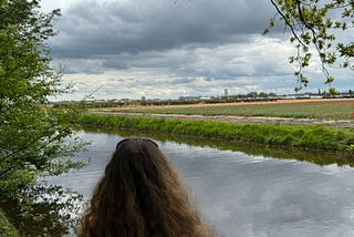 Me, looking away from the camera at some tulip fields across a canal.