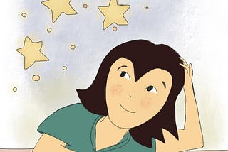Cartoon girl looking up at the stars with a dreamy look.