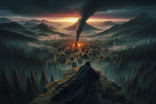 A cloaked hidden figure lays on top of a hill, looking down on a burning village. The fires burn brightly as dusk approaches, and the last light of day disappears behind distant mountains. A column of smoke pours into the sky above the village.