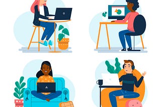 4 illustrating scenes of employees working in different spaces, all on computers. A person with long pink hair at a home table, a person with short curly hair at a desk, a person with long dark hair in a comfortable chair with laptop in their lap, and a person with short hair and earphones in a lounge chair.