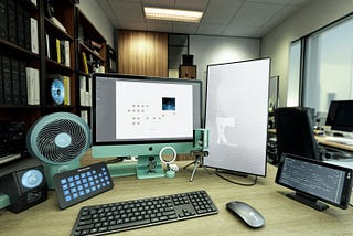 Futuristic workspace with three curved monitors — ChatGPT chat, live code editor, and MidJourney gallery — surrounded by floating icons of Tilda, Firebase, ElevenLabs, n8n, visually representing the AI toolkit from ‘Essential AI Tools I Personally Use