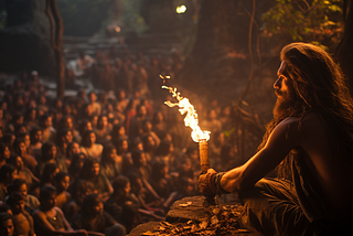 Envision extreme wide shot photograph of Birsa Munda as a 25 year old male adivasi with medium long hair, sitting on a platform under a huge tree in a majestic pose encircled by large adivasi crowd in deep jungle in India in 1885. Subtle side lighting shapes his black hair and stoic visage. 4k, Hyper cinematic, photorealistic, raytracing, global illumination, shallow depth of field, 35mm lens, chiaroscuro lighting, high contrast, dramatic, cinematic, contrast, award winning photo