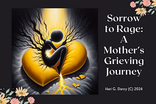 A black mom stick figure in a fetal position facing the right direction on top of a yellow broken heart pillow crying. The yellow pillow is bleeding yellow liquid while black vine like aurora is branching from the figure’s body. There are tiny broken yellow hearts next to the mom. This is a digital oil painting by Hari G. Darcy.