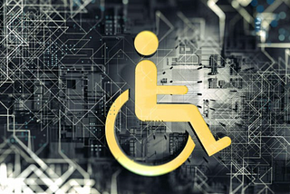 A light orange image of a person in a wheelchair logo on top of a black and gray background filled with geometric shapes and lines like the inside of a computer.