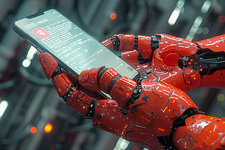 Robotic hands hold a phone and navigate the Internet.