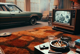 old car, old tv with three stooges on it and full ashtray in seventies style liviing room
