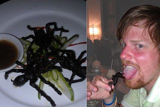 A plate of tarantulas and the author eating one of them.
