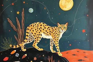 A bobcat stands before a starry, spacey landscape