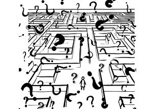 Figure stands in maze surrounded by question marks.