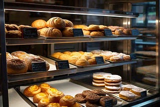 Cartoon of an Italian bakery counter, glass front, inclined shelves with trays of Italian bakery items. One tray Is empty.