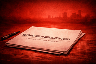 AI-generated illustration of a non-descript report titled Beyond the AI Inflection Point resting on a surface, rendered in deep red tones. The document appears overheated and unstable, with steam rising from it, no people present, and no identifying environment, conveying pressure, urgency, and critique rather than authority.