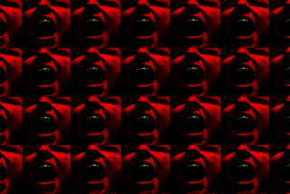 The same image repeated several times in a grid, featuring a closeup of a person’s face with their mouth wide open, as if yelling. The faces are red, as if to indicate anger or heightened emotion.
