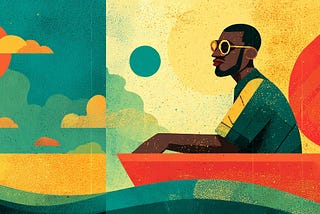 A man in a boat with sunglasses sailing on an abstract, colorful sea.