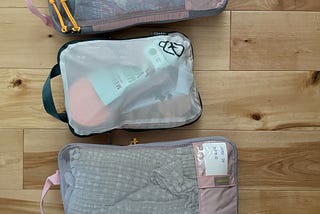 Image of three pouches with zippers and transparent material to show how to compartmentalize items for travel.