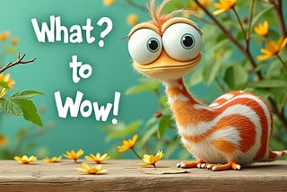 An image of an unknown, curious looking creature with orange and white stripes and big, bulging eyes with the words “What? to Wow!” written next to it and flowers sprinkled on the ground.