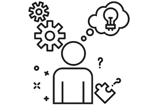 Line graphic showing someone surrounded by ideas and looking puzzled