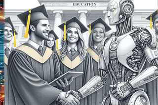 A professor is shaking hands with an AI infused robot that helped students graduating students develop needed AI Literacy skills. Male and female of diverse backgrounds are in the background wearing their graduation regalia.