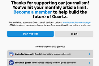 The screen you see when you hit Quartz’s metered paywall because you haven’t signed up with a promo code yet.