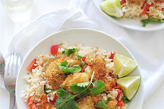 Wine-Battered Coconut Shrimp Over Brown Rice