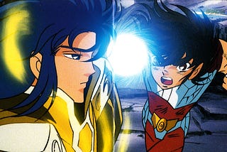 Seiya dando socão no Saga no filme do Abel.