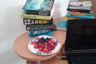 Laptop, books and fruit. Photo: Clare O’Beara.