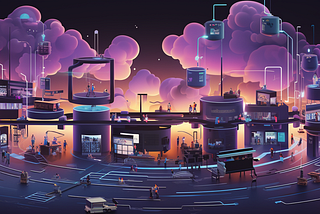 A futuristic cityscape with multiple levels of circular platforms featuring various activities connected by glowing lines and elevators. Neon and holographic elements complement the twilight setting, creating a vibrant tech-hub atmosphere. People and autonomous vehicles move about, engaging in leisure and work, showcasing a harmonious blend of technology and daily life.