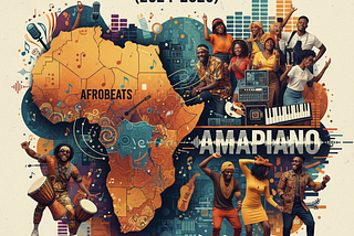 The image is generated by the Google AI tool, nano banana. It contains a map of Africa with the words Afrobeats written on a highlighted section of West Africa. The words Amapiano is written outside of the map and there are cartoon-like images of Africans holding instruments such as drums and pianos while celebrating to the tune of music.