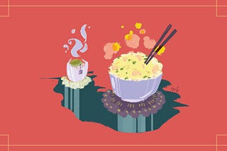 A bowl of steaming fried rice with a cup of hot green tea.