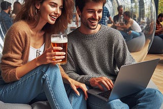 An attractive trim 39-year-old Caucasian woman with soft curly brown hair wearing casual attire sitting on a beanbag chair sitting next to a handsome young man in a sweater also sitting on a beanbag chair. They are near a large transparent sphere. The woman is holding a pint glass of beer. Both are looking at a laptop and laughing. The setting is on campus at the futuristic student center.