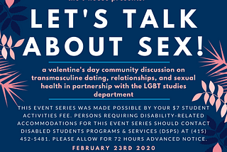 a blue, pink and white event poster with a floral border, with Let’s Talk About Sex! written in large capital letters, with the rest of the event details listed below in smaller pink and light blue text.