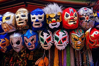 A colorful display of wresting masks.