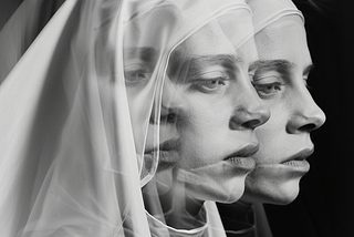 A black-and-white double-exposure portrait of a woman in a white veiled hood and robe, shown twice in overlapping profile — one image slightly translucent and layered over the other, creating a ghostly, fractured effect. Her eyes are downcast in both versions, with soft, ethereal lighting against a dark background, evoking a sense of duality or a self splitting apart.