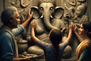 A clay Ganesha idol is in serene pose with the sculptor with salt and pepper hair, wearing a blue shirt is touching the ears of ganesh. Maya the little girl is touching the Ganesha and feeling it and another girl is standing next to Maya