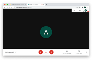 A Google Chrome window with two tabs — a Google Slides presentation, and a Google Meet call. The call is the active tab.