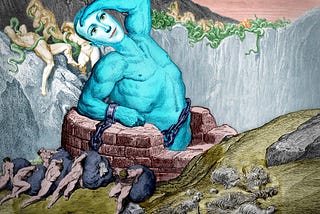 A titan, chained and sunk to the waist in a stone-lined pit. He has the head of Mark Zuckerberg’s Metaverse avatar. A group of Sisyphean men roll boulders towards him, up a skeleton-strewn hillside. Behind him, atop a high cliff, writhe many naked figures entwined with choking serpents.