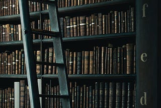 Shelves of books embraced in darkness