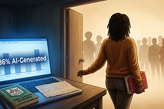 A Black woman carrying a Toni Morrison book walks through a lit doorway, leaving behind a dark desk where a laptop screen falsely flags her writing as “86% AI-Generated” next to her physical family items.